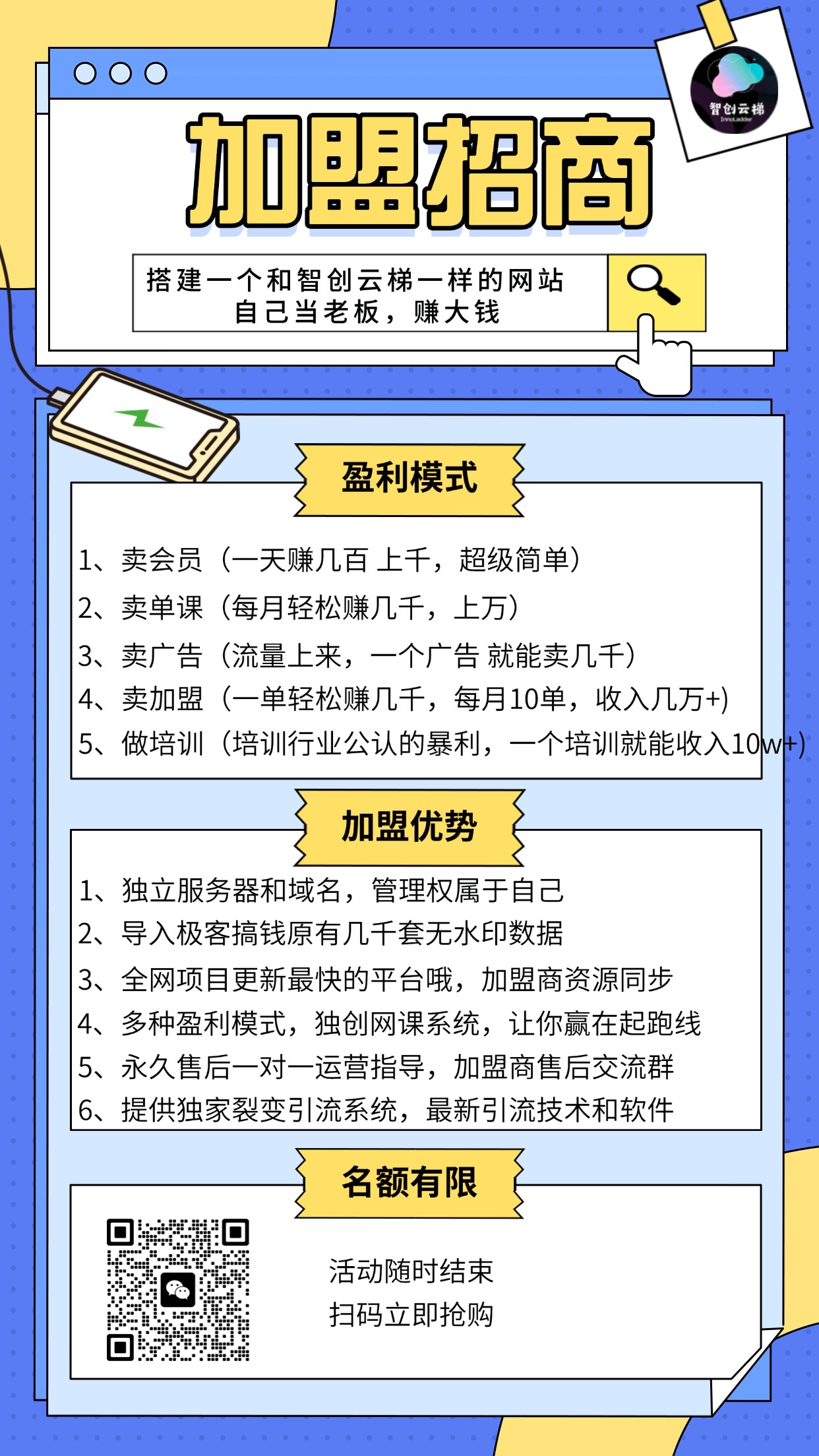 做项目不如卖项目，卖项目不如做网站！！！ 智创云梯-开放加盟，做一个与智创云梯一样的知识付费赚钱模式！